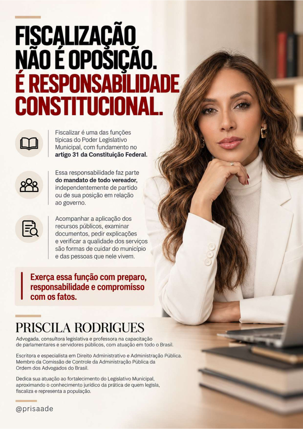 Priscila Rodrigues, advogada e consultora legislativa, em sua apresentação profissional